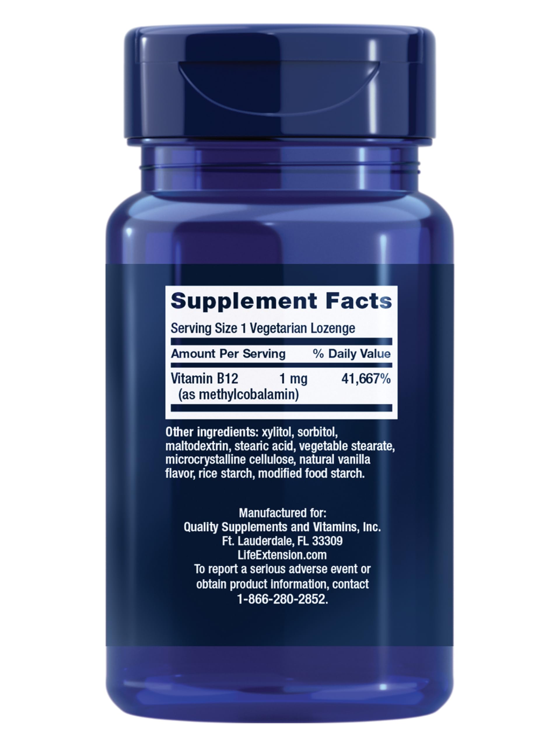 Life Extension Vitamin B12 Methylcobalamin 1mg supplement facts label showing daily values and clean ingredients list.