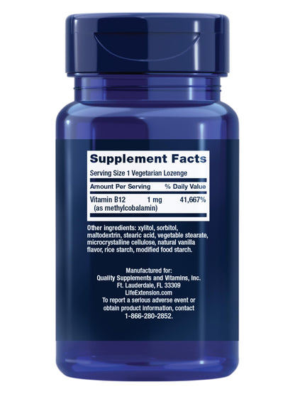 Life Extension Vitamin B12 Methylcobalamin 1mg supplement facts label showing daily values and clean ingredients list.
