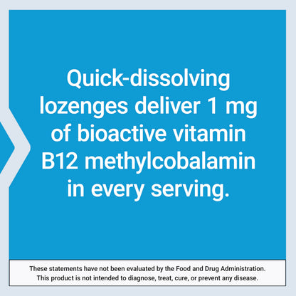Life Extension Vitamin B12 Methylcobalamin 1mg vanilla flavored lozenges demonstration illustrating the easy oral dissolve texture.