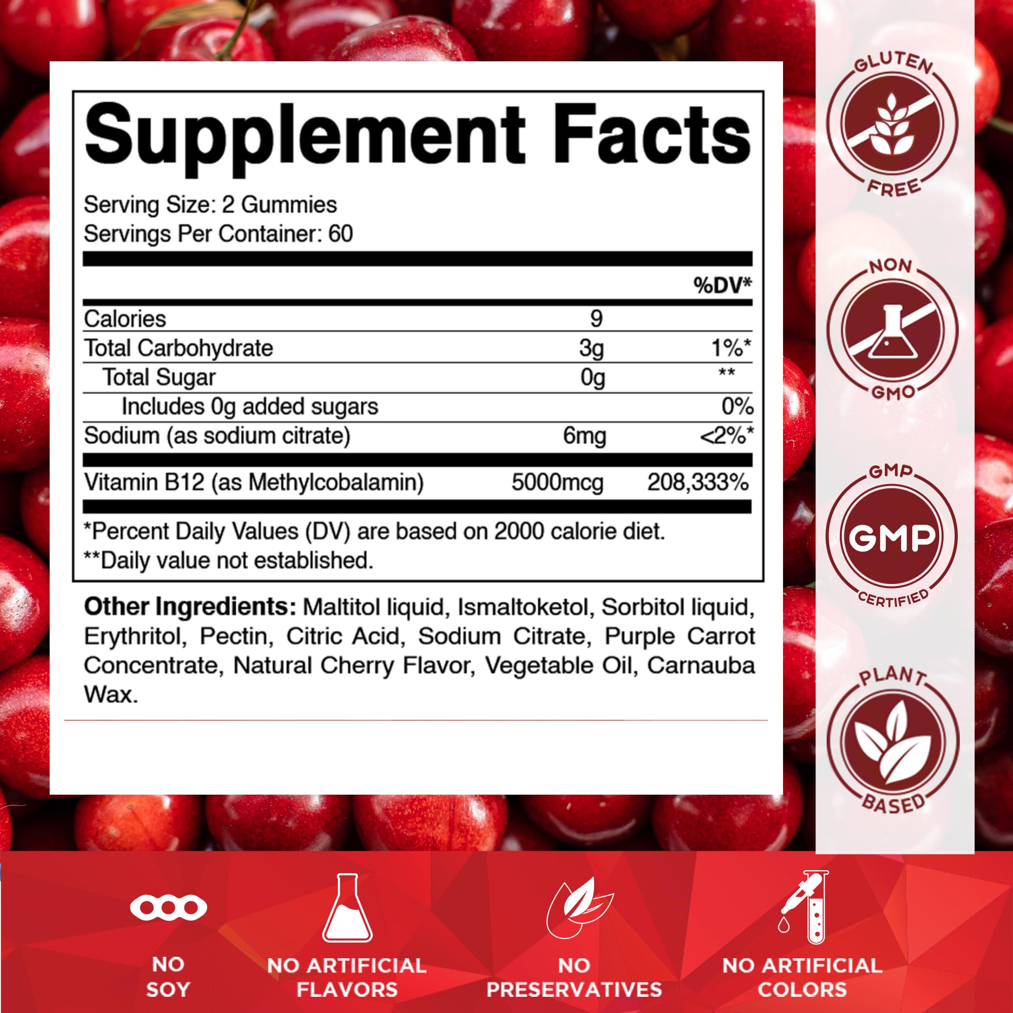 Authentic sugar free vegan methyl B12 dietary supplement gummies in natural cherry flavor.