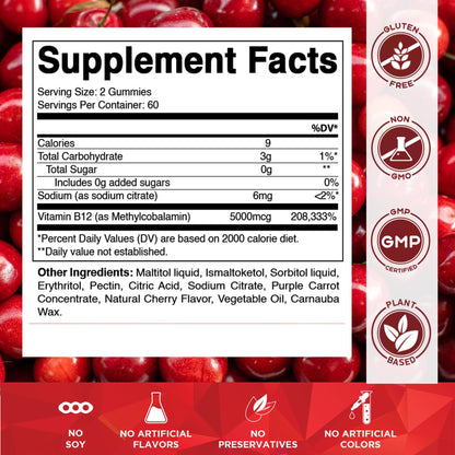 Authentic sugar free vegan methyl B12 dietary supplement gummies in natural cherry flavor.