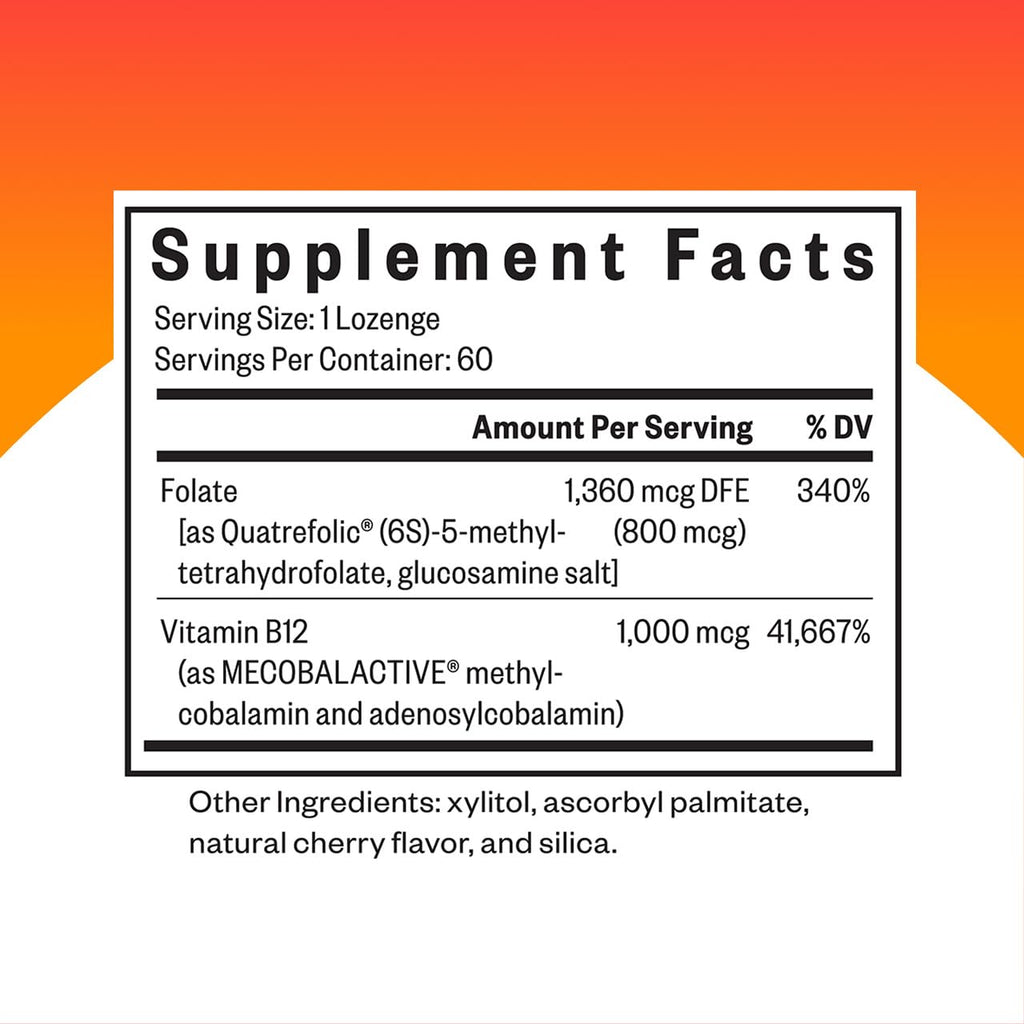 Back panel showing supplement facts and active ingredients for methylation lozenges