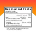 Back panel showing supplement facts and active ingredients for methylation lozenges