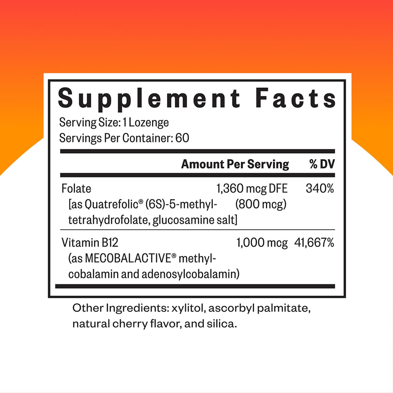 Back panel showing supplement facts and active ingredients for methylation lozenges