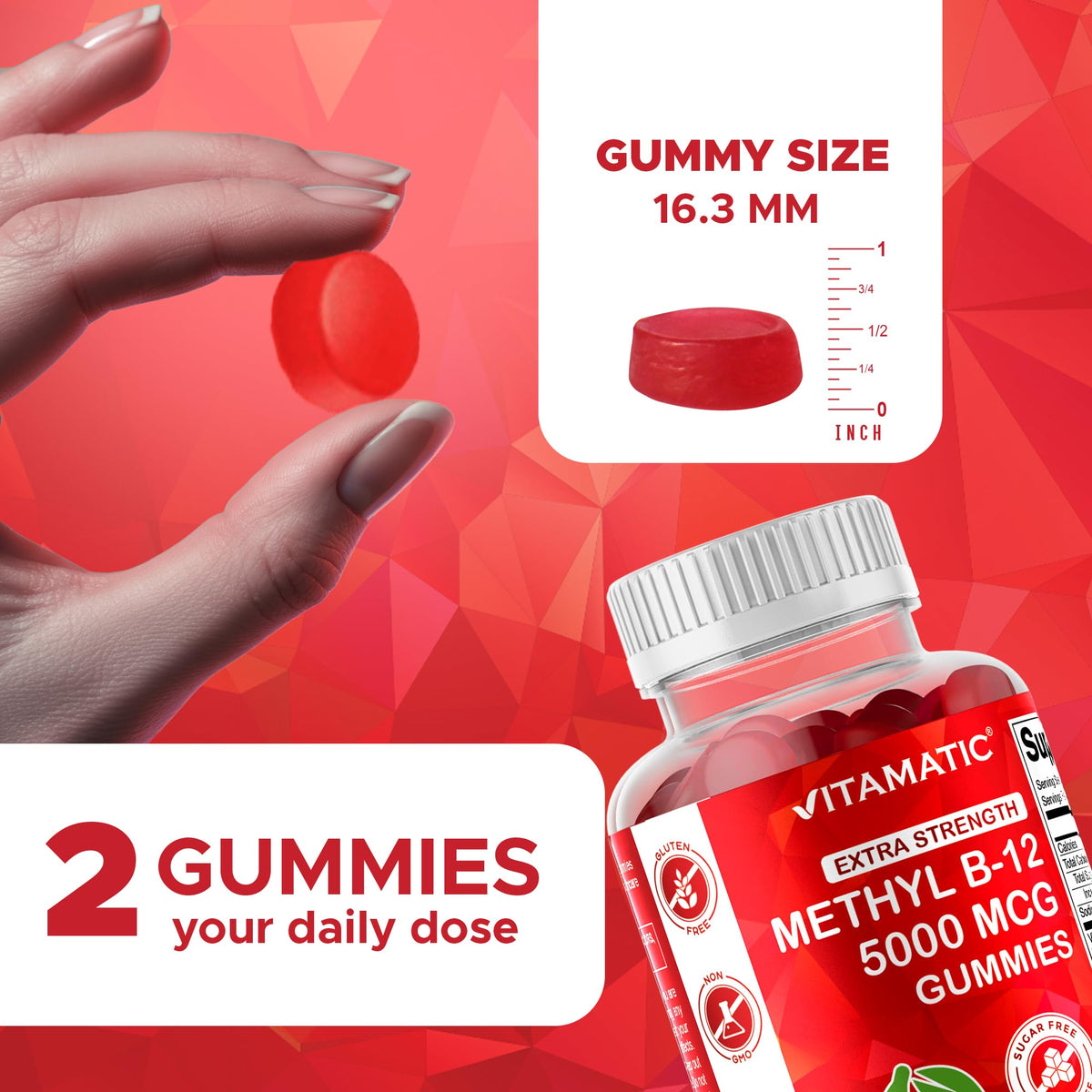 Close up of cherry flavored red vitamin B12 gummies from Vitamatic.
