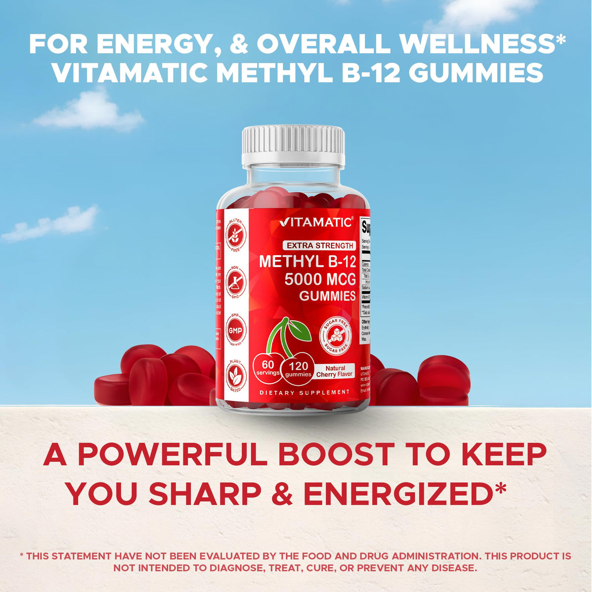 High potency non GMO gluten free vitamin B12 supplements bottle top view.
