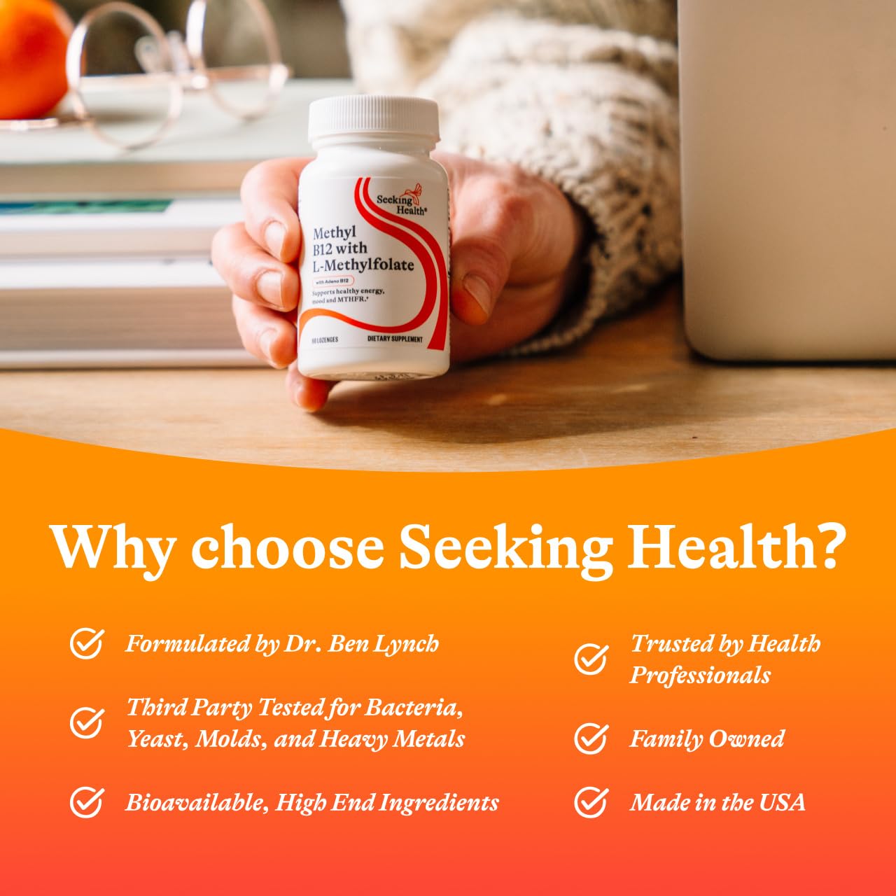 Dietary supplement bottle showcasing MTHFR genetic support formulation