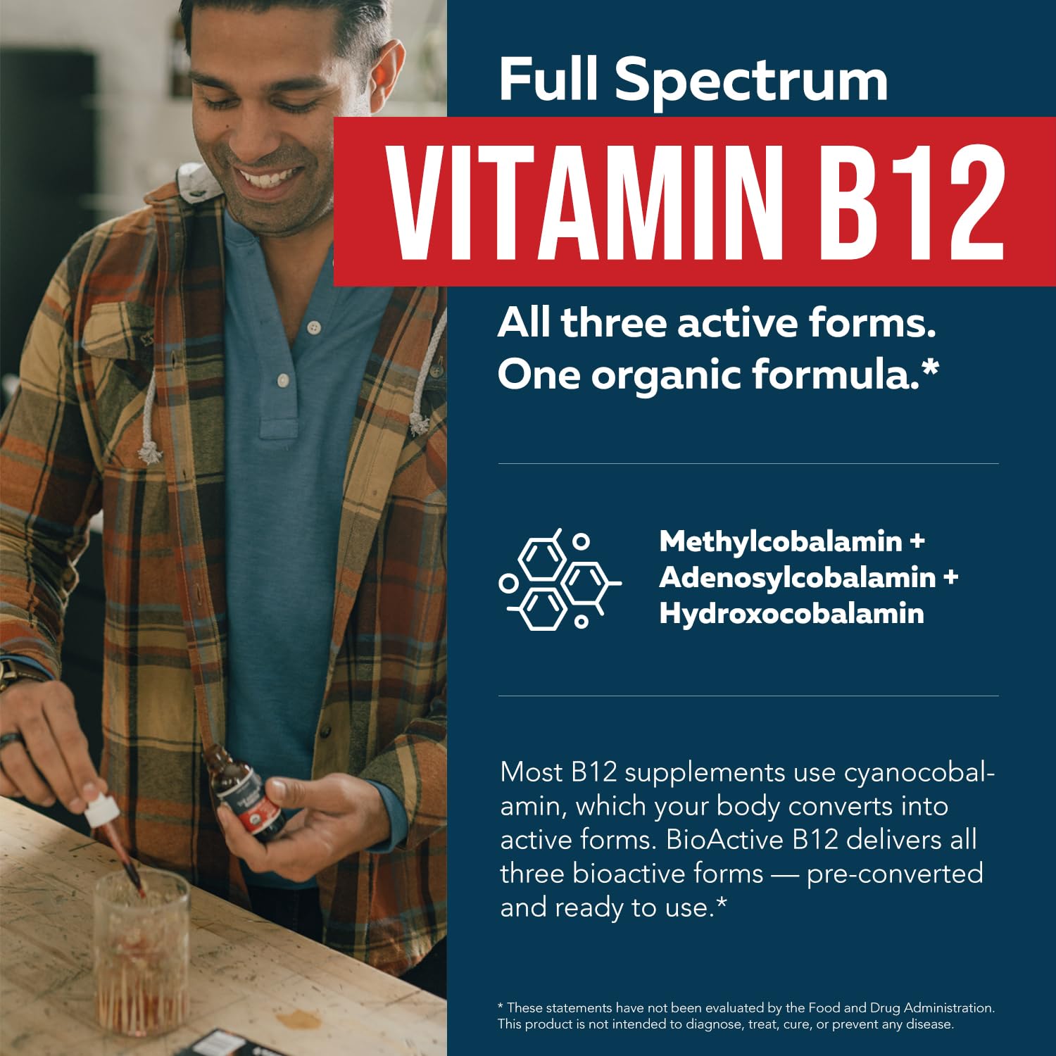 Organic full spectrum vitamin B12 dropper showing the natural berry flavor liquid solution.