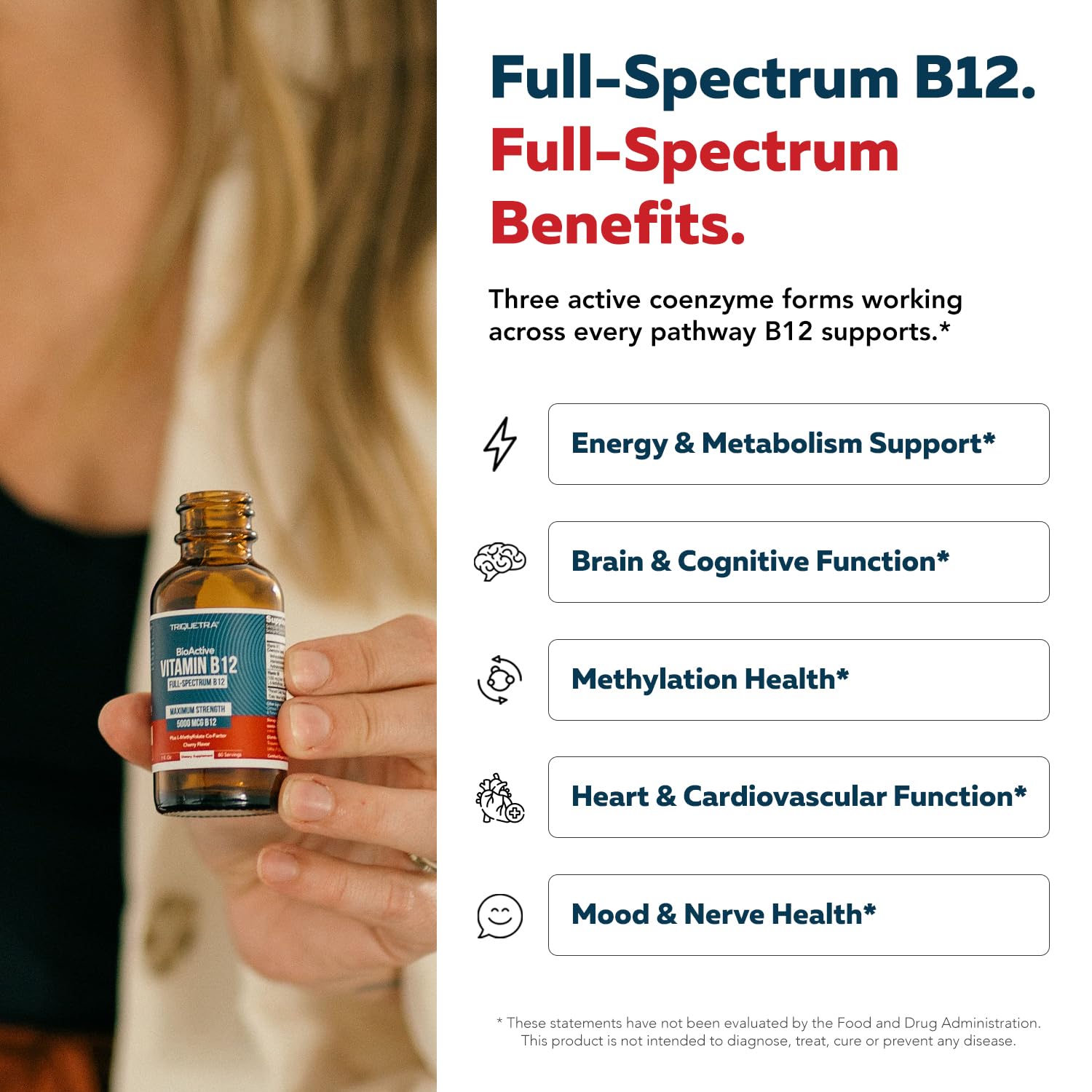 High potency vitamin B12 sublingual supplement bottle with dropper cap for cellular energy.
