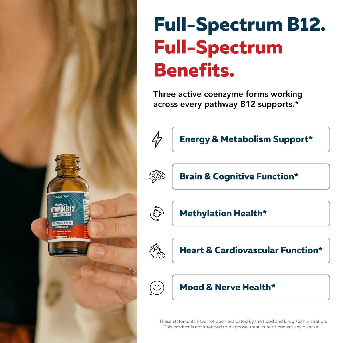 High potency vitamin B12 sublingual supplement bottle with dropper cap for cellular energy.