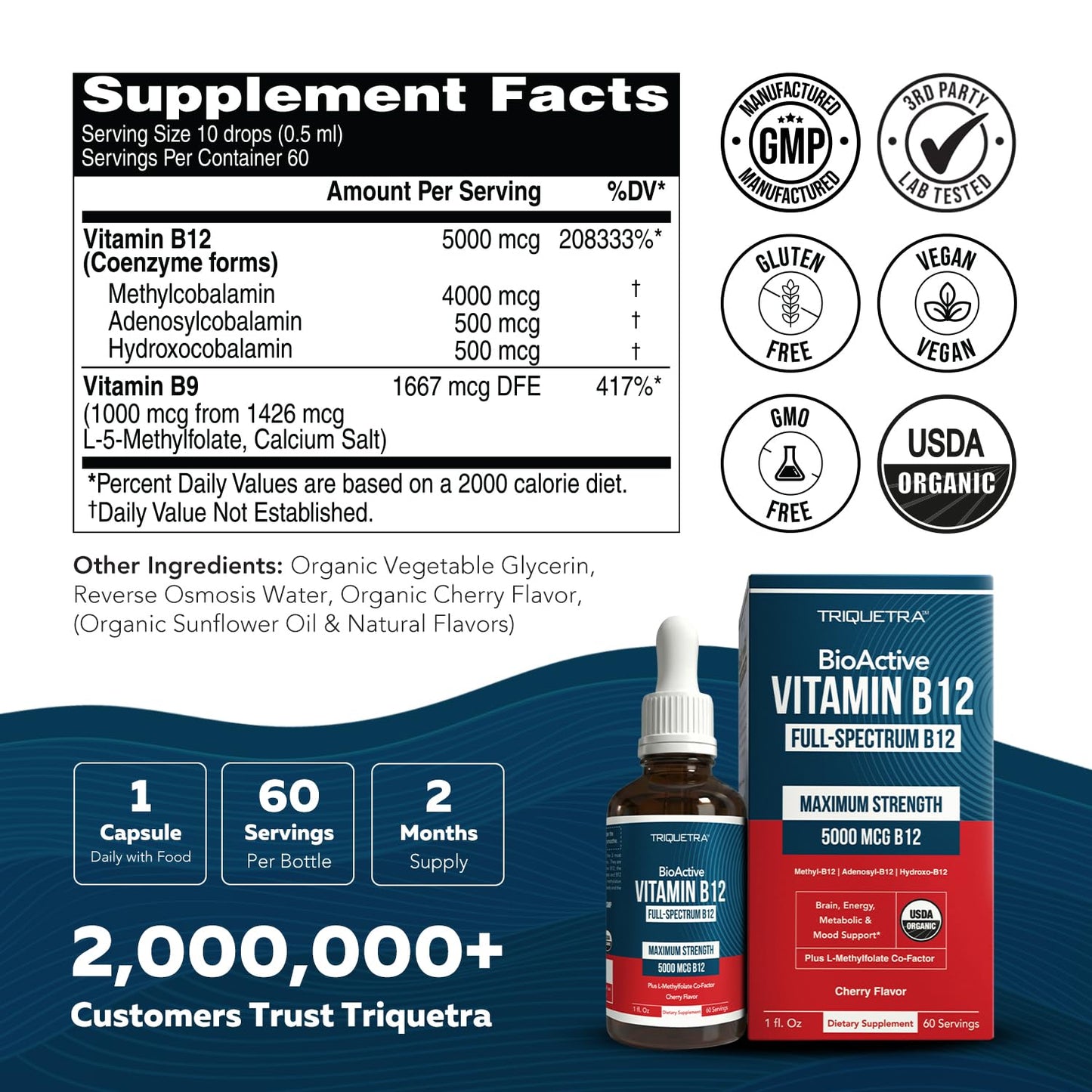 Premium imported personal care and wellness vitamin B12 liquid bottle for direct systemic uptake.