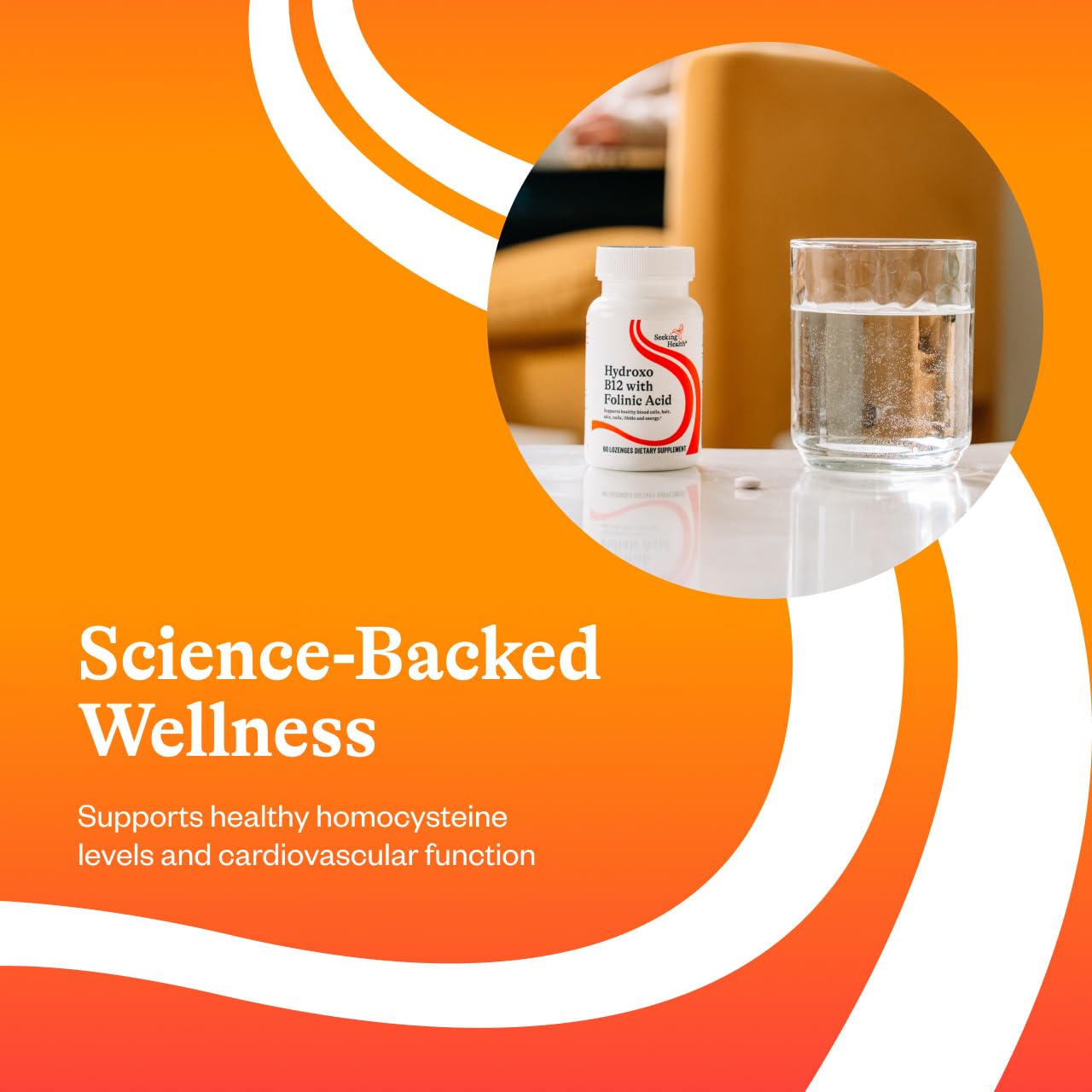 Side view of Seeking Health Hydroxo B12 sixty count bottle showing allergen free certifications