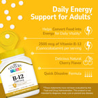 Close up of 21st Century B12 2500 mcg sublingual supplement packaging indicating non-GMO and gluten-free details.