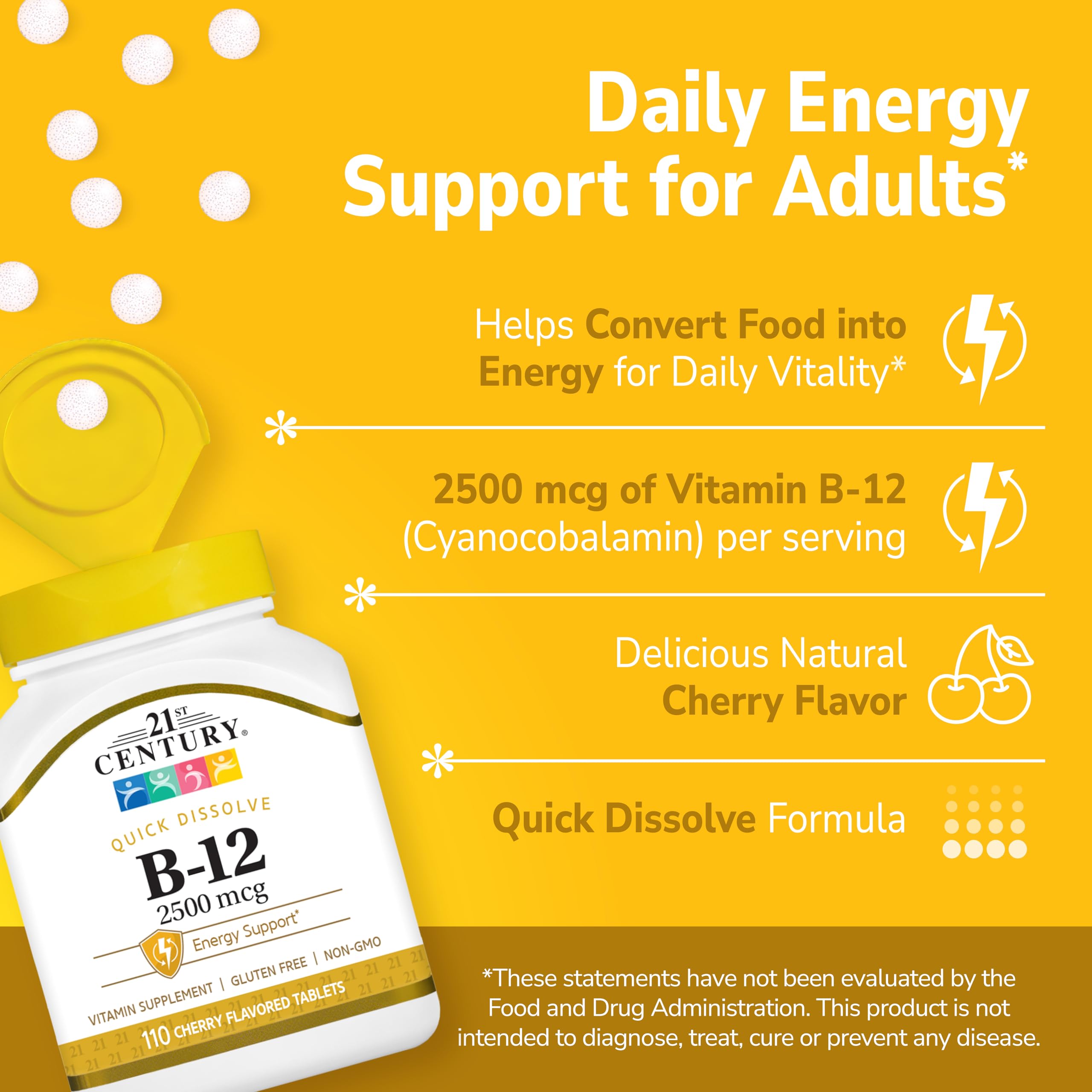 Close up of 21st Century B12 2500 mcg sublingual supplement packaging indicating non-GMO and gluten-free details.