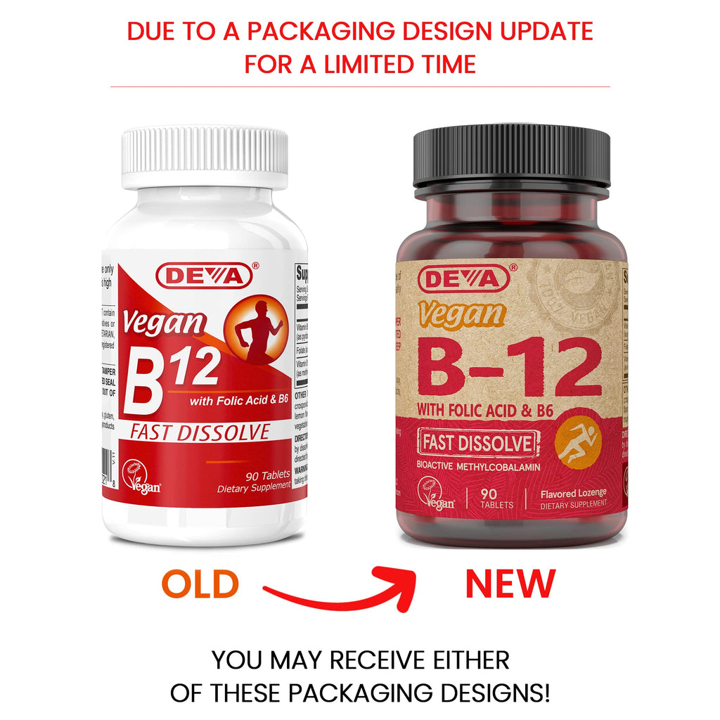 Back label of DEVA Vegan Vitamin B12 supplement showing nutrition facts and ingredient list