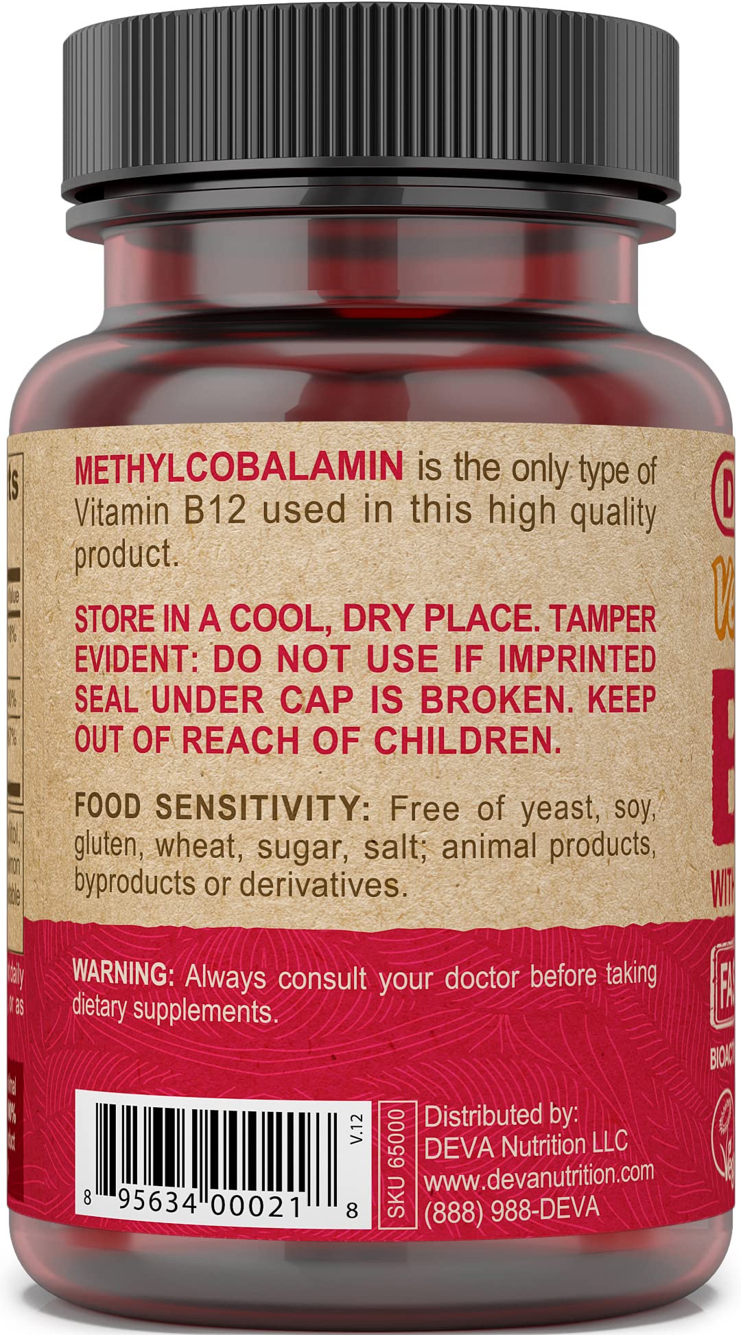 DEVA Vegan Vitamin B12 90 tablets packaging displaying the official Vegan Society registration logo