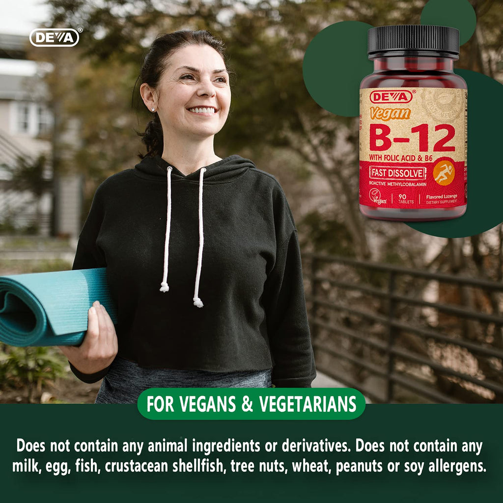 DEVA Vegan Vitamin B12 fast dissolving lozenges bottle illustrating the product size and quantity