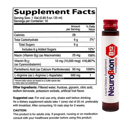 Neurobion Extra Forte Vitamin B12 supplement packaging showing nutritional facts panel