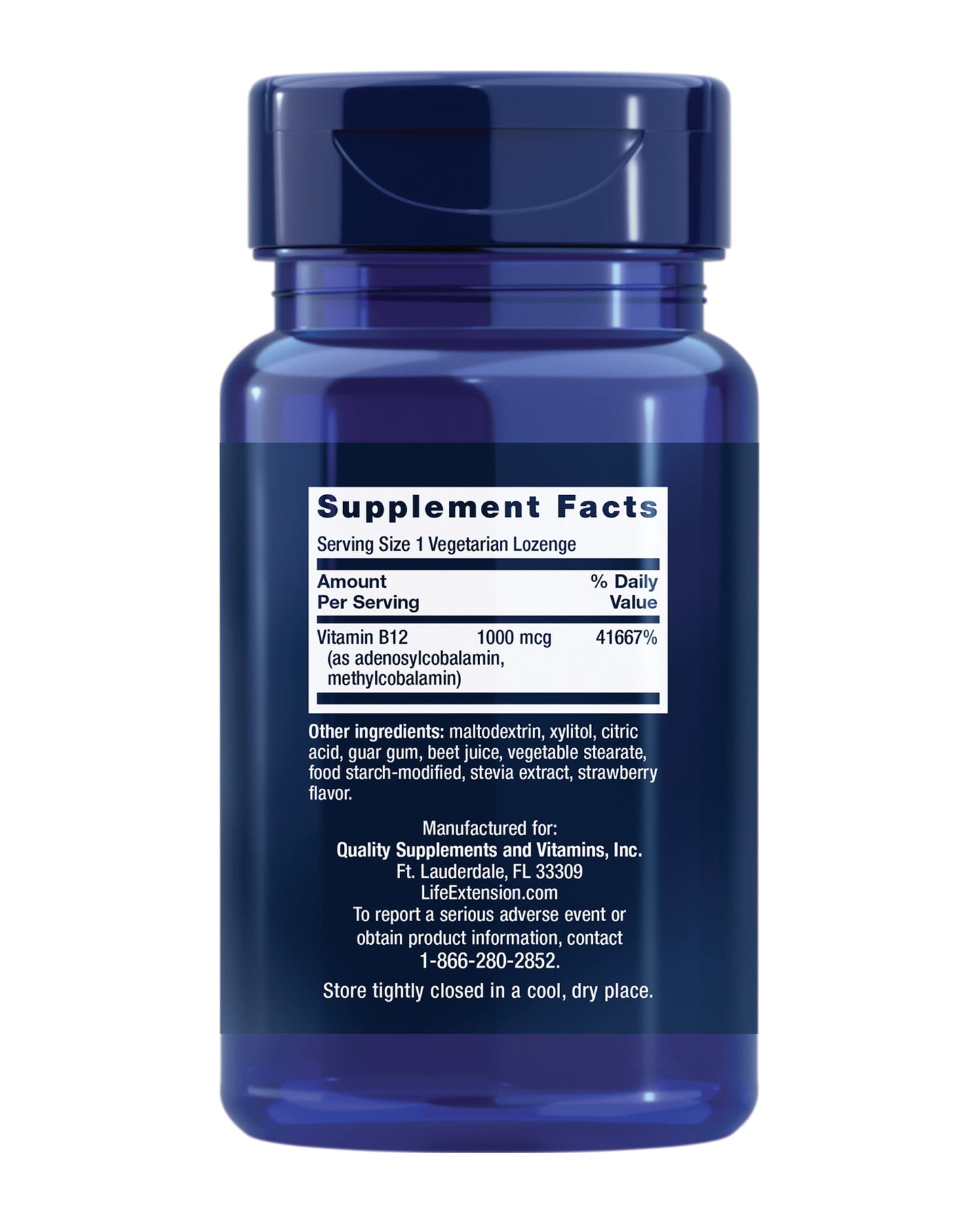 Life Extension B12 Elite strawberry flavor supplement facts and bioactive ingredients list.