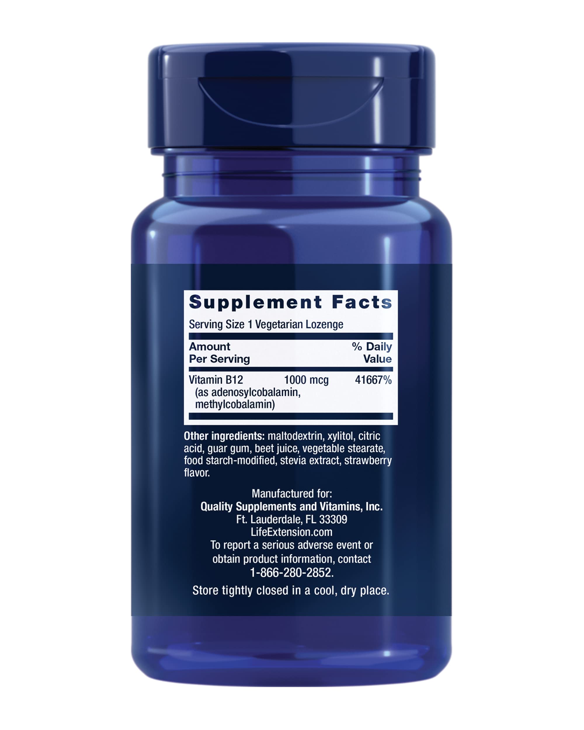 Life Extension B12 Elite strawberry flavor supplement facts and bioactive ingredients list.