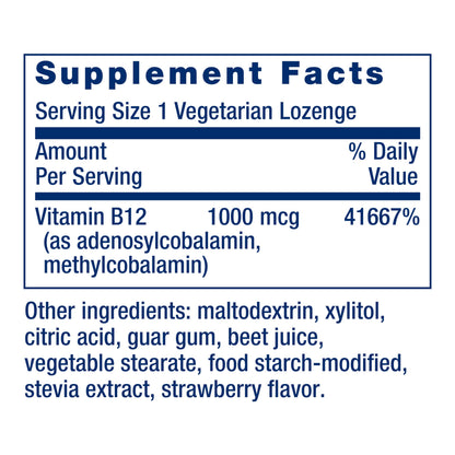 Life Extension Vitamin B12 1000mcg lozenges showing the non-GMO and gluten-free seals.