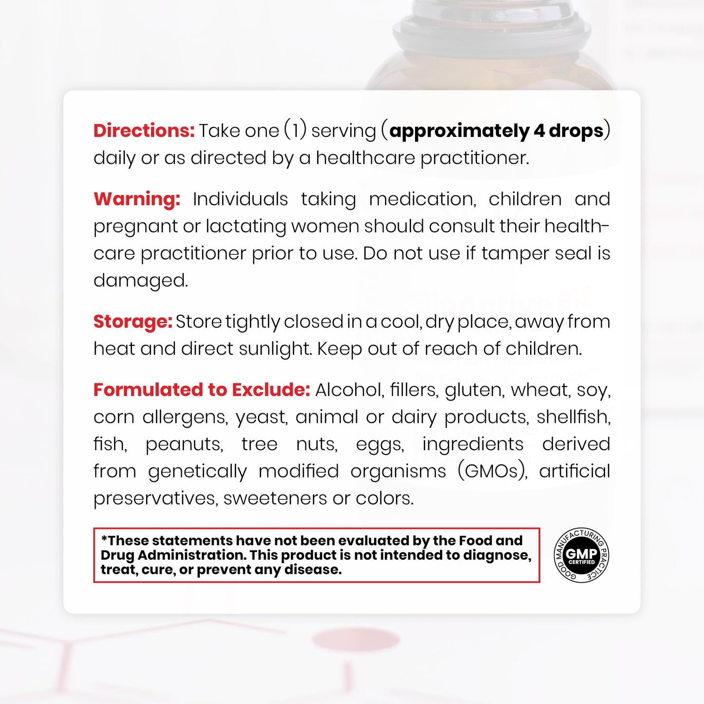 Premium glass bottle dropper showcasing the clear liquid texture of methylated B12 supplement