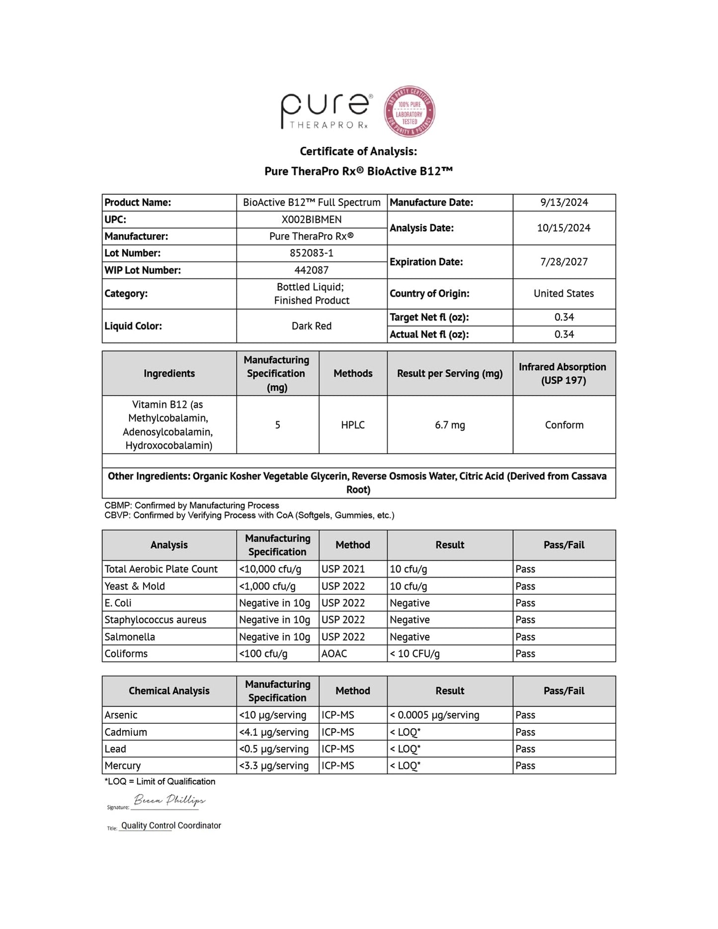 Pure Therapro Rx methylated liquid B12 bottle showing sixty servings dosage information