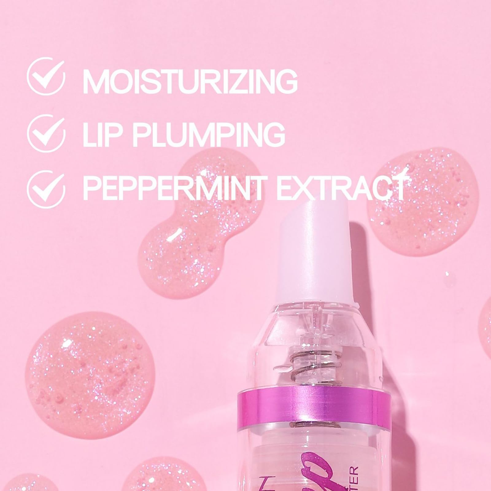 Close up of glossy finish from Erinde lip plumping oil