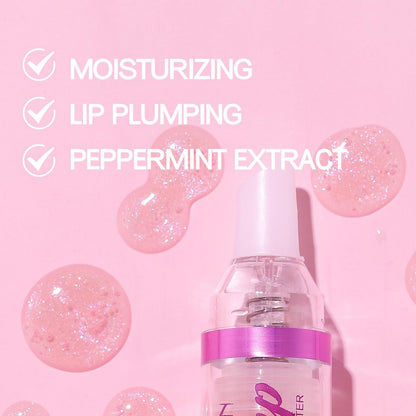 Close up of glossy finish from Erinde lip plumping oil