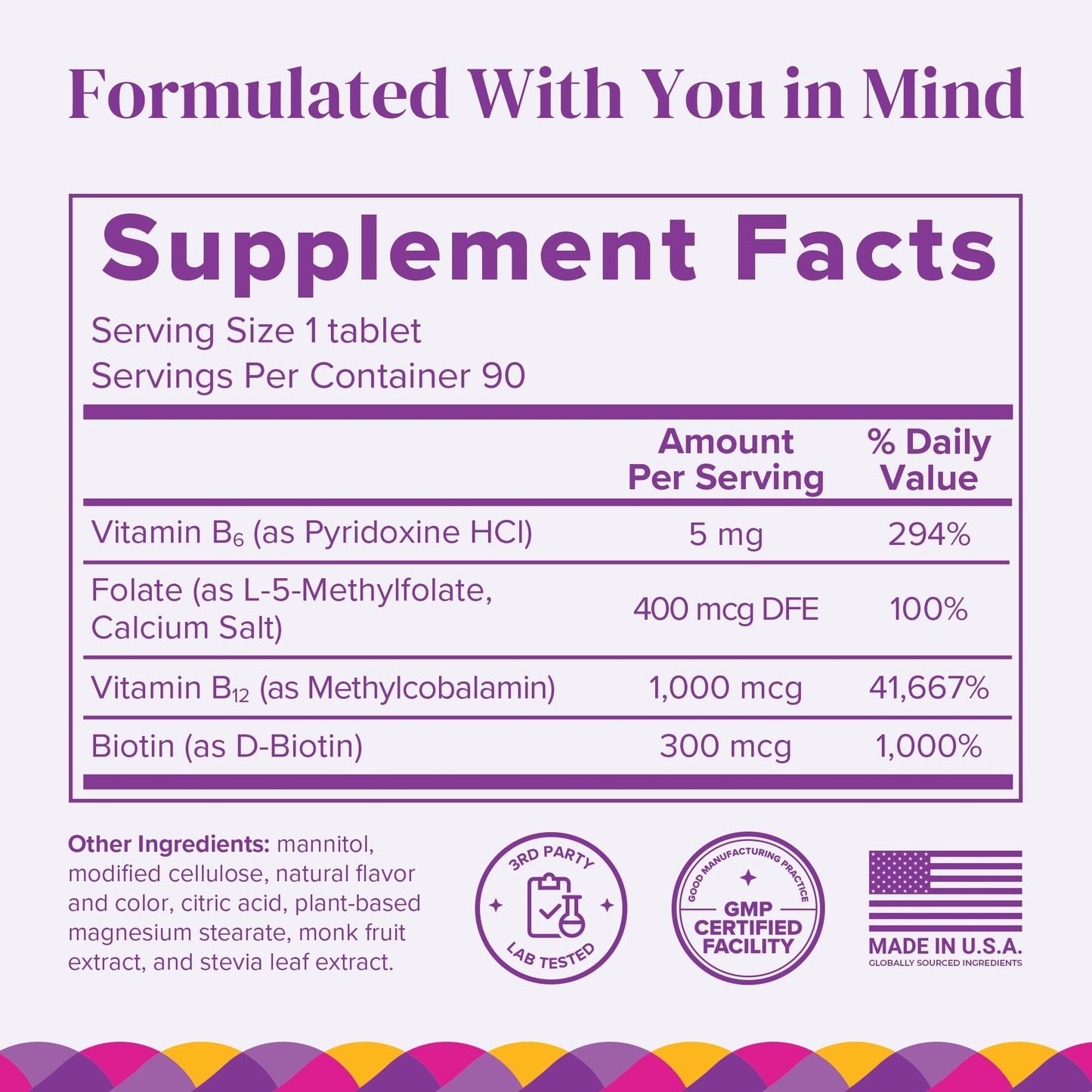 BariMelts Vitamin B12 Plus 90 cherry tablets supplement facts label and ingredient breakdown