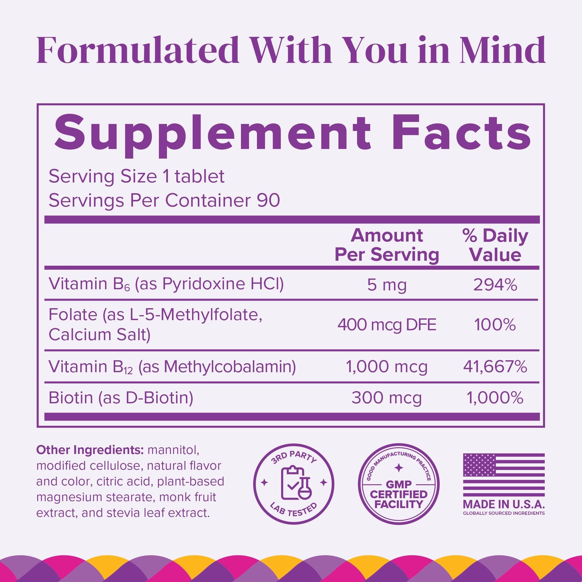 BariMelts Vitamin B12 Plus 90 cherry tablets supplement facts label and ingredient breakdown