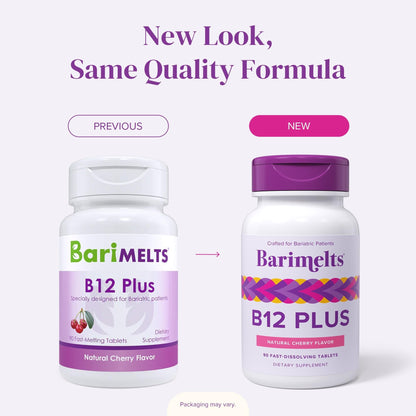 BariMelts B12 Plus USA imported packaging highlighting the 90 tablets three month supply