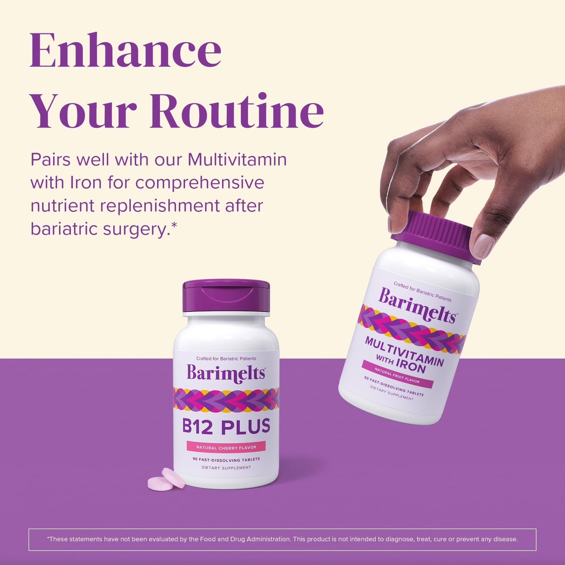 BariMelts B12 Plus bariatric multivitamin showing directions for quick dissolve usage