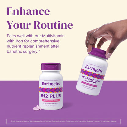 BariMelts B12 Plus bariatric multivitamin showing directions for quick dissolve usage