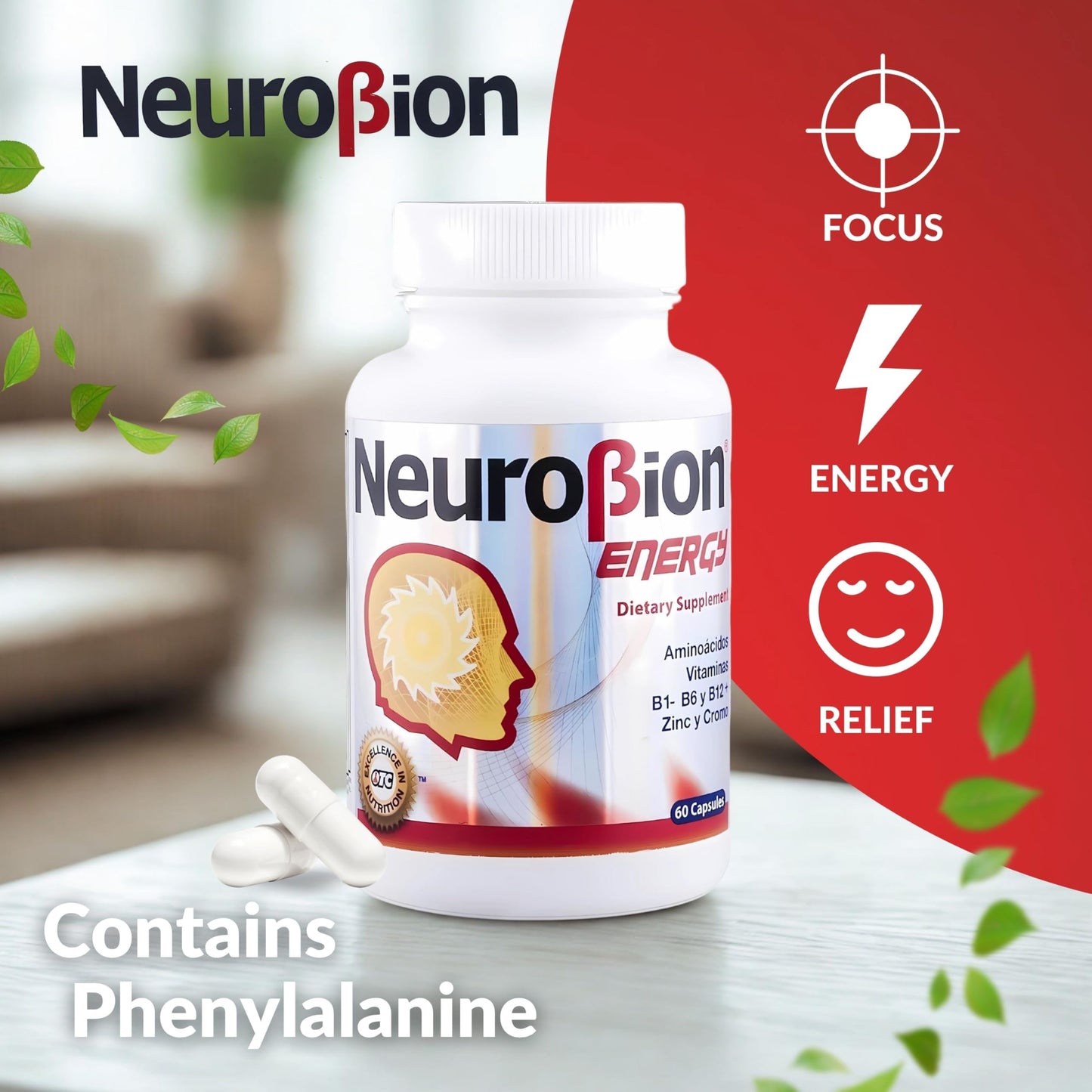 Neurobion Energy imported capsules side panel displaying clear nutritional facts and amino acids