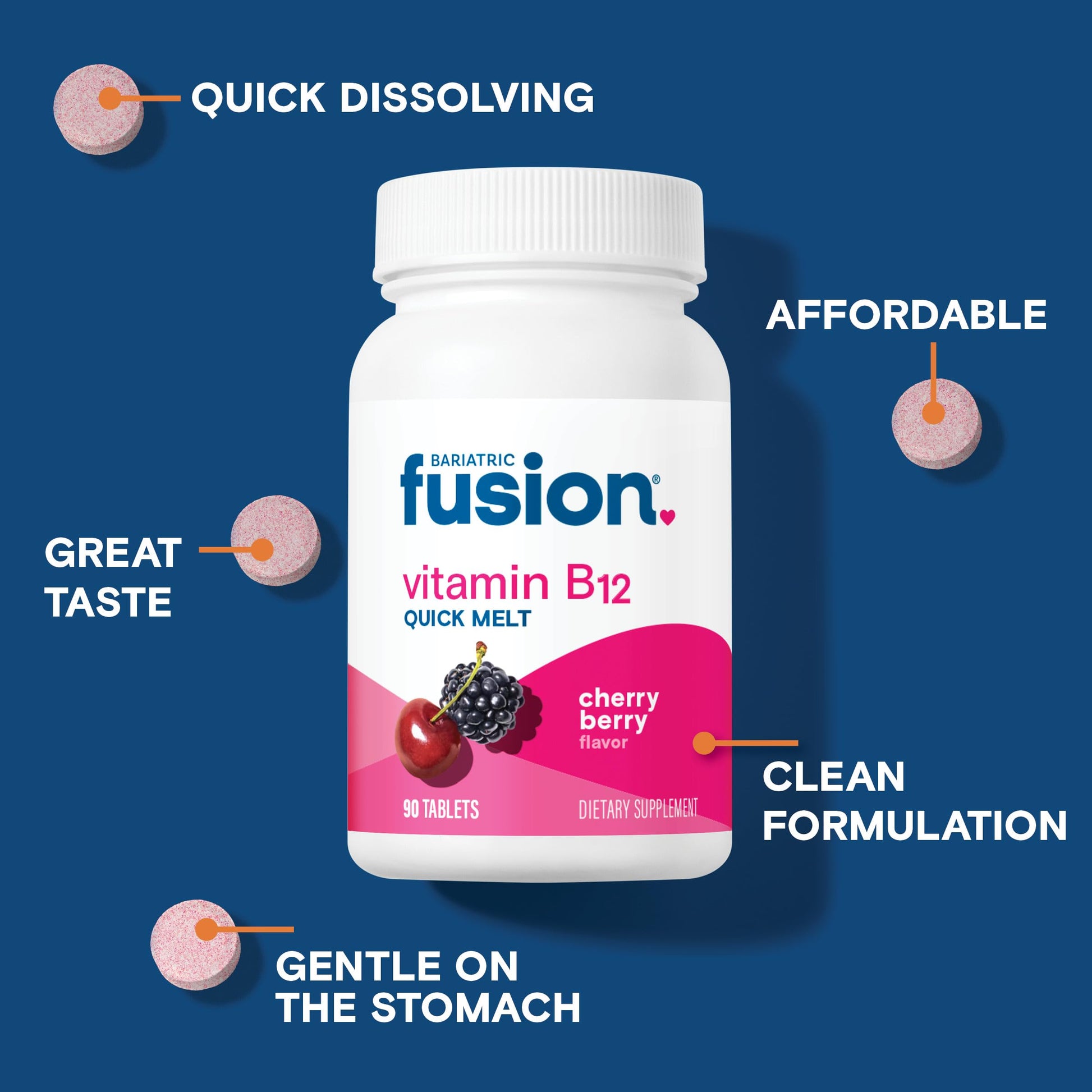Bariatric Fusion cherry berry flavor sublingual tablets container highlighting post surgery usage directions