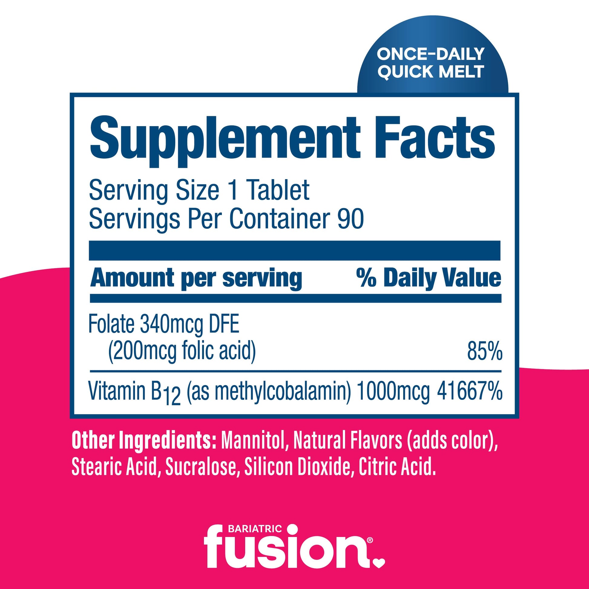 Bariatric Fusion B12 and folic acid supplement bottle detailing premium USA imported quality assurance