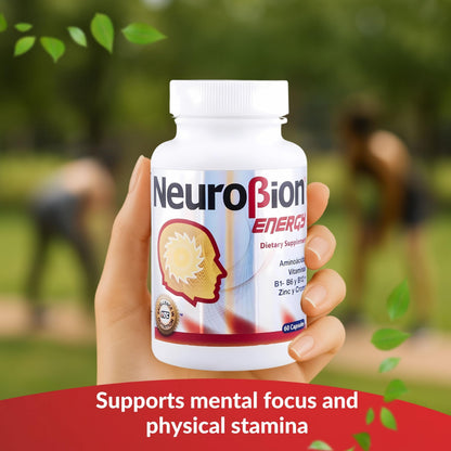 Neurobion Energy capsules close up view detailing legal disclaimers and directions