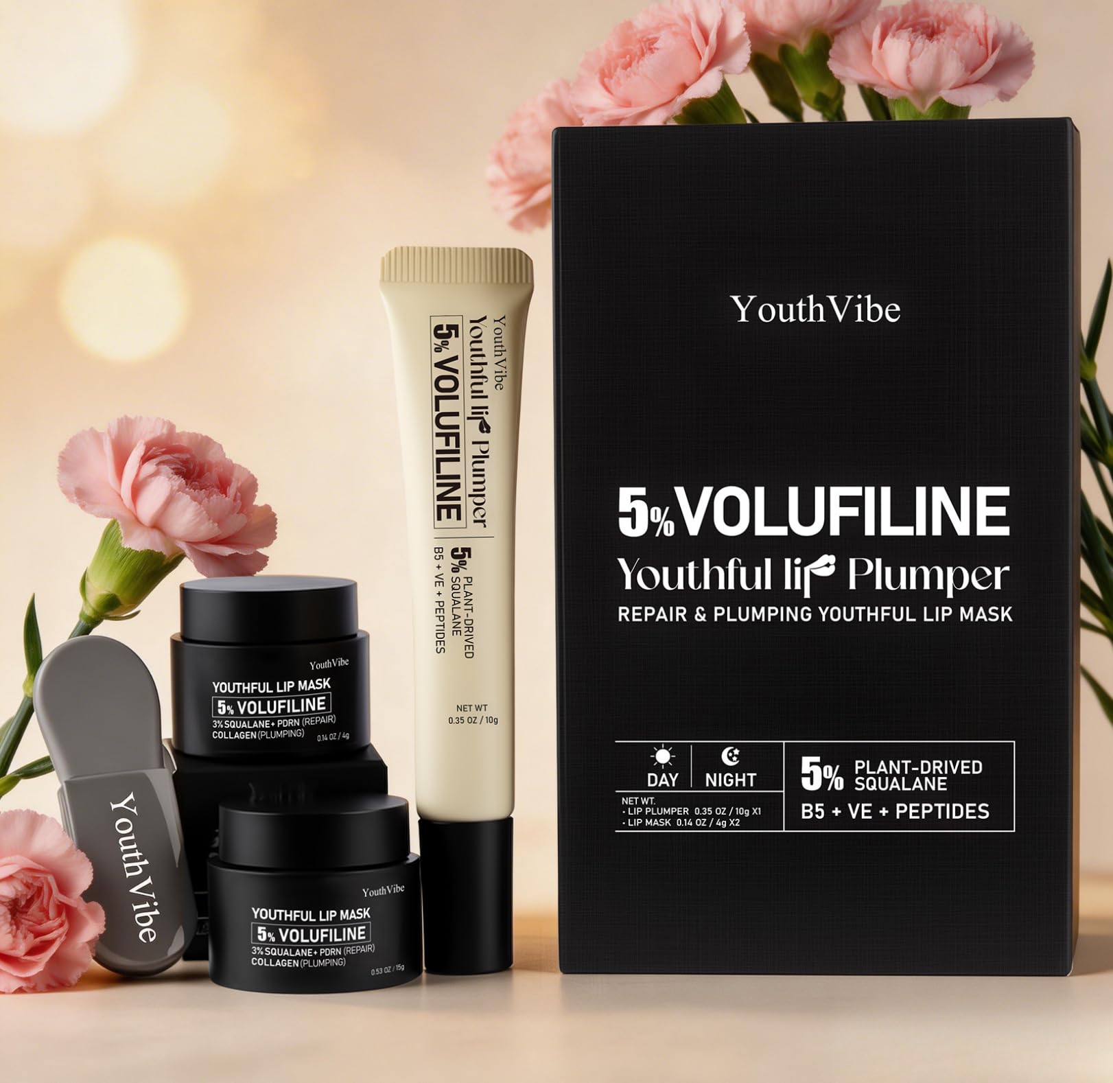 Close up of YouthVibe lip plumper gloss texture and packaging