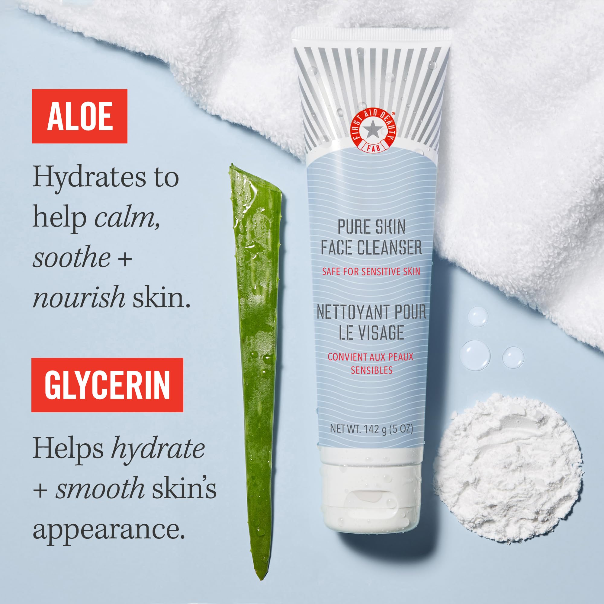 First Aid Beauty sensitive cream wash packaging detail showing clean ingredients