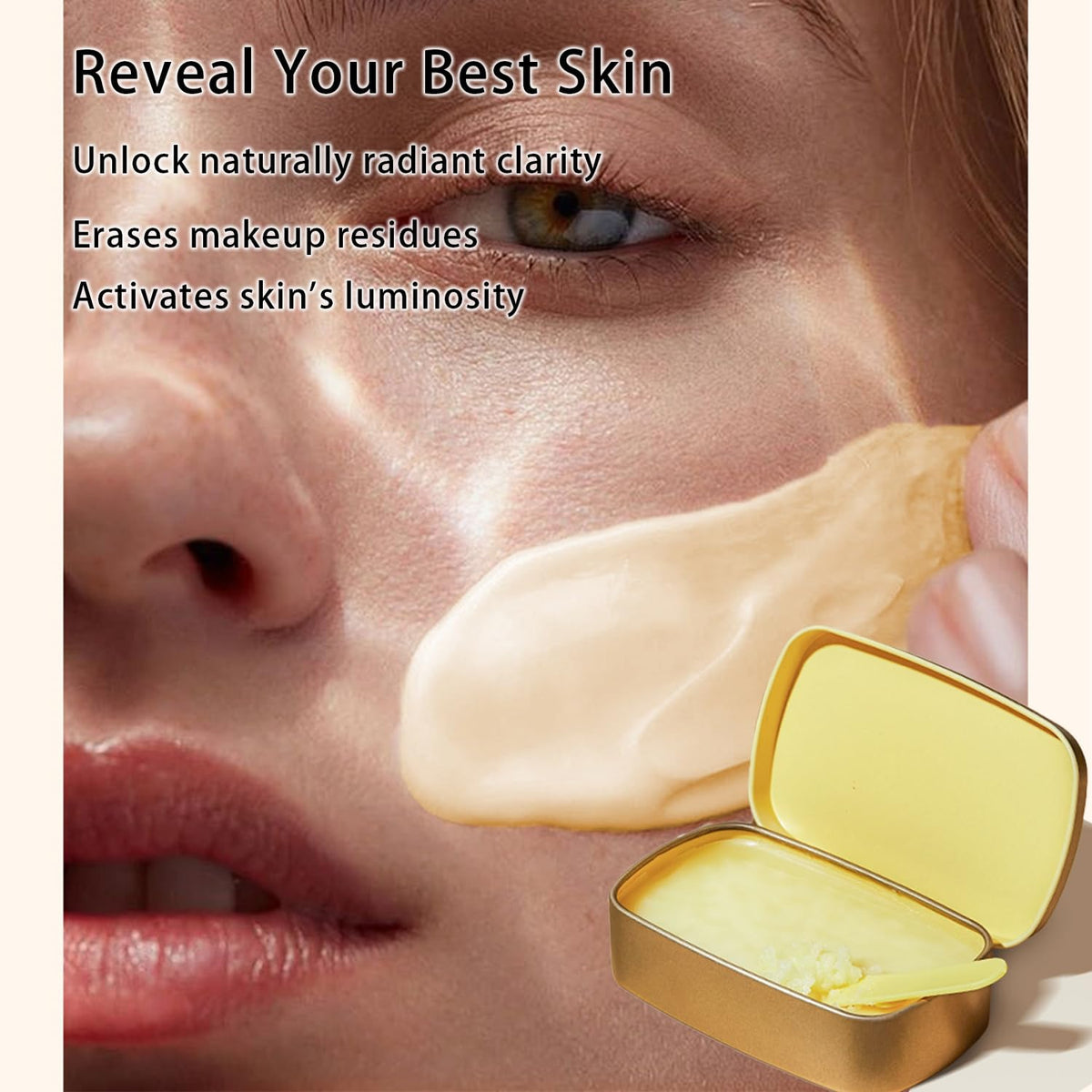 Grospe makeup remover balm container opened with integrated applicator.