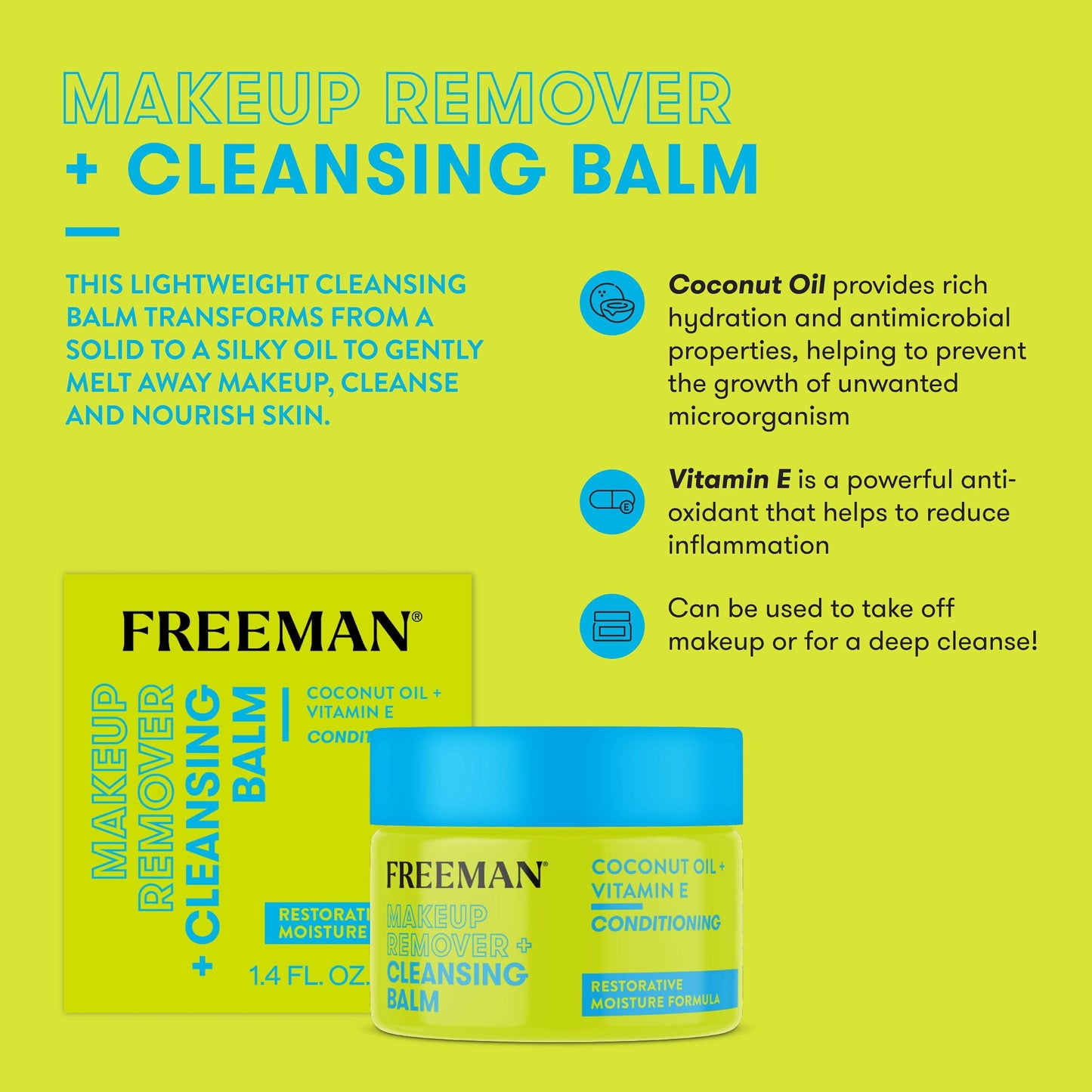 Freeman makeup remover balm with coconut oil and vitamin E showing lightweight solid texture