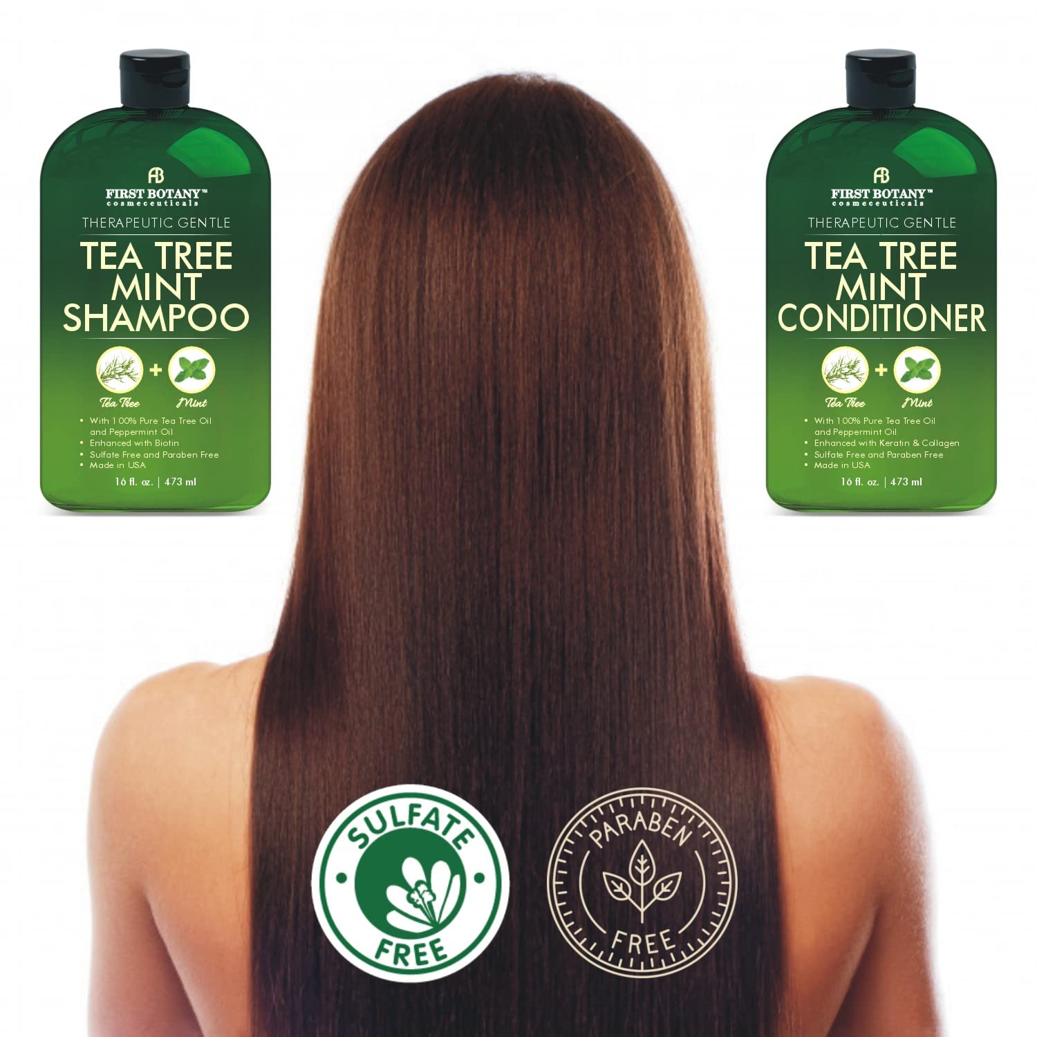 Side by side presentation of First Botany sulfate free tea tree mint hair duo set