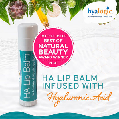 Hyalogic lip balm packaging showing organic ingredients