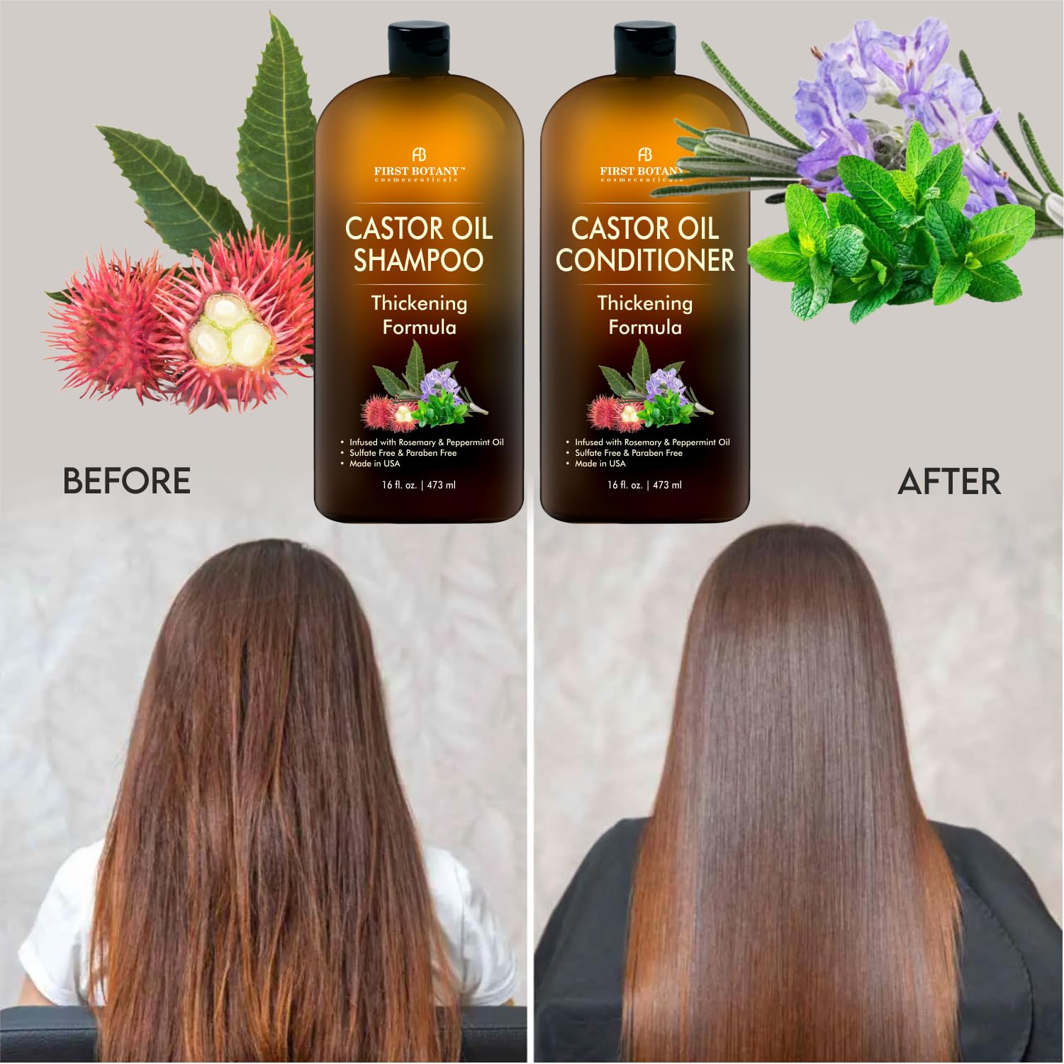 First Botany Castor Oil hair care set showcasing the sulfate free and paraben free product labels