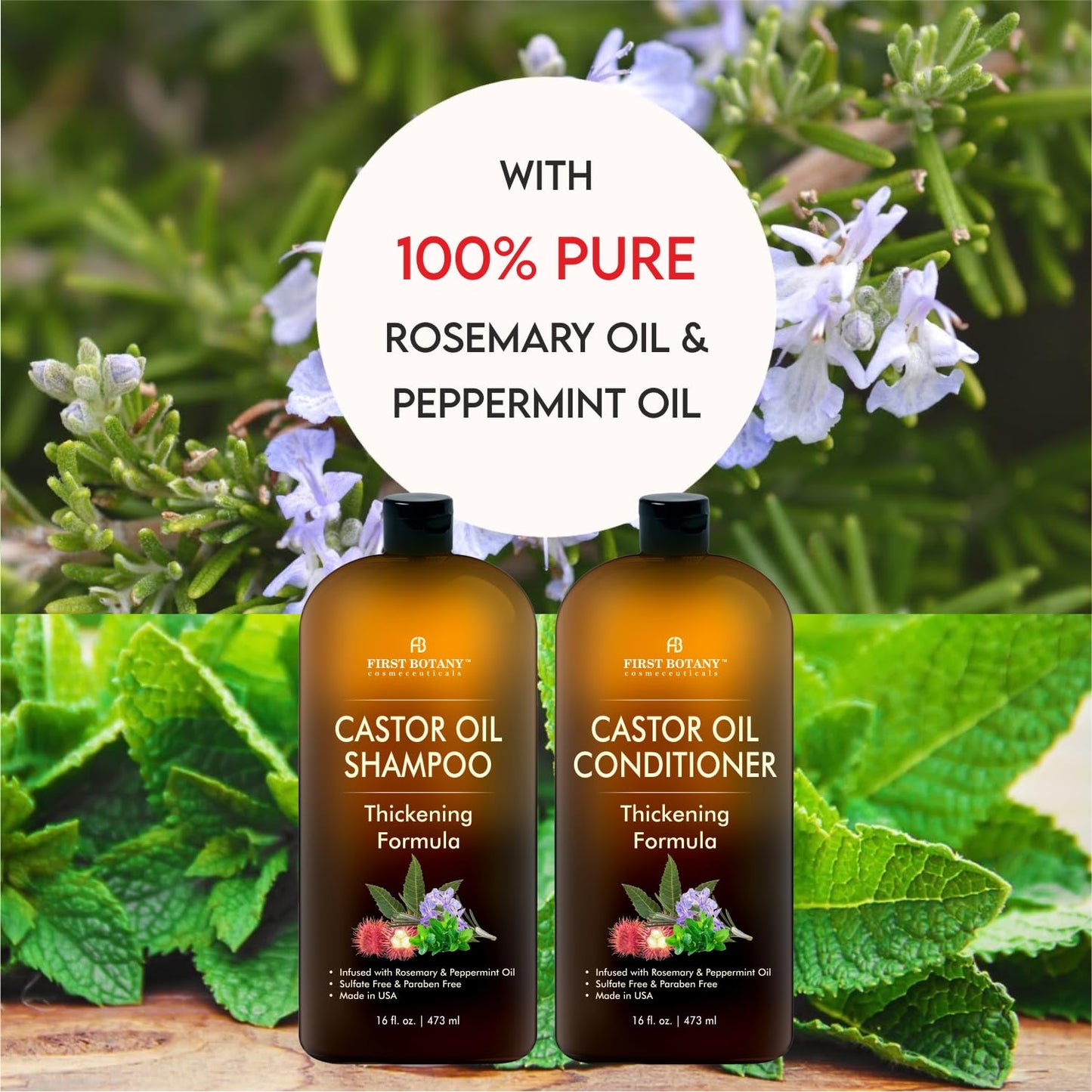 Back label of First Botany Castor Oil thickening shampoo highlighting rosemary and peppermint oil ingredients