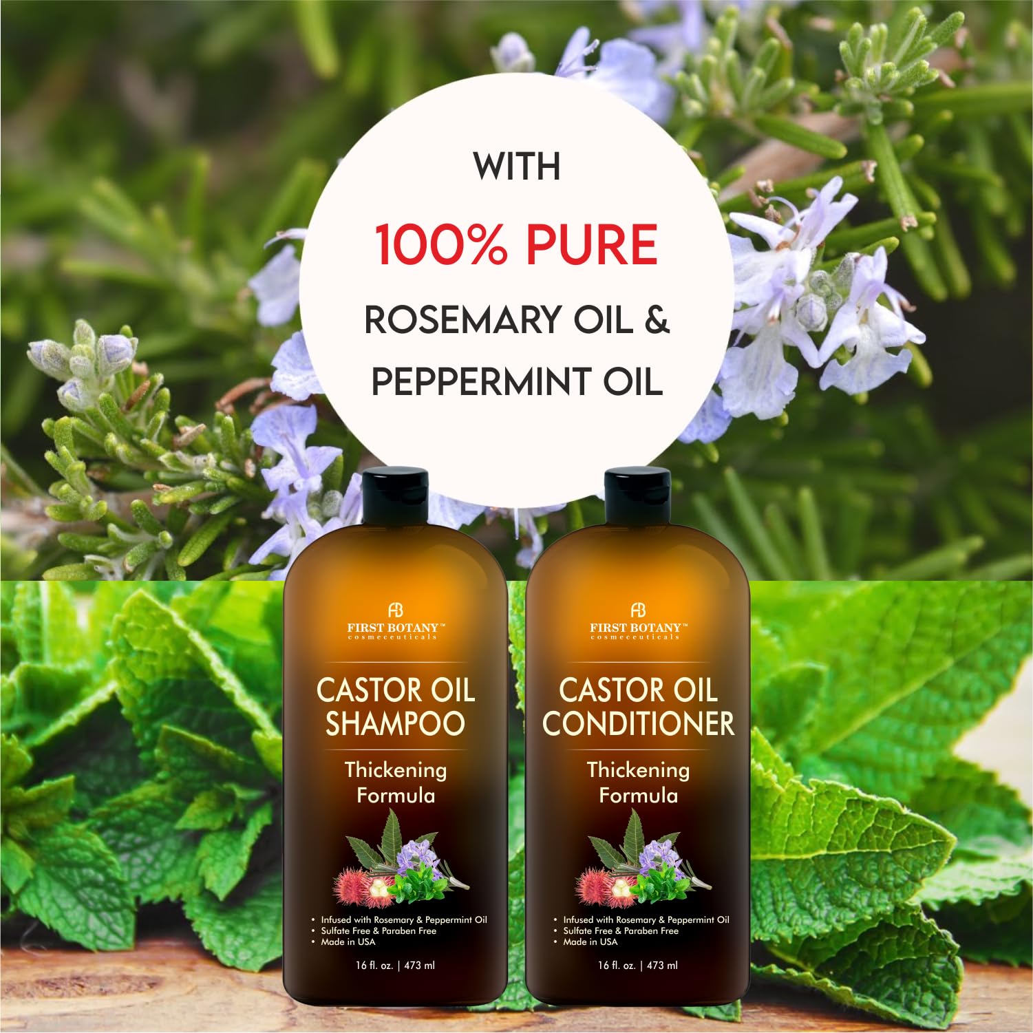 Back label of First Botany Castor Oil thickening shampoo highlighting rosemary and peppermint oil ingredients