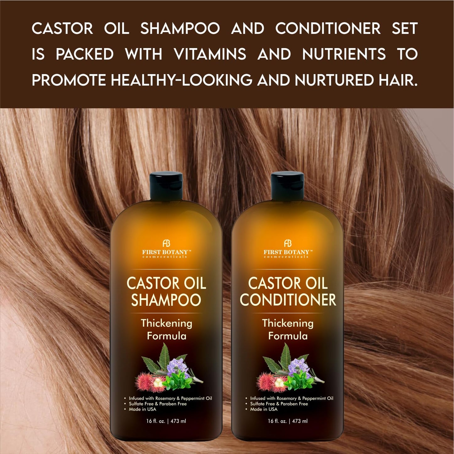 Two pack sixteen fluid ounce bottles of First Botany Castor Oil anti thinning hair regrowth treatment