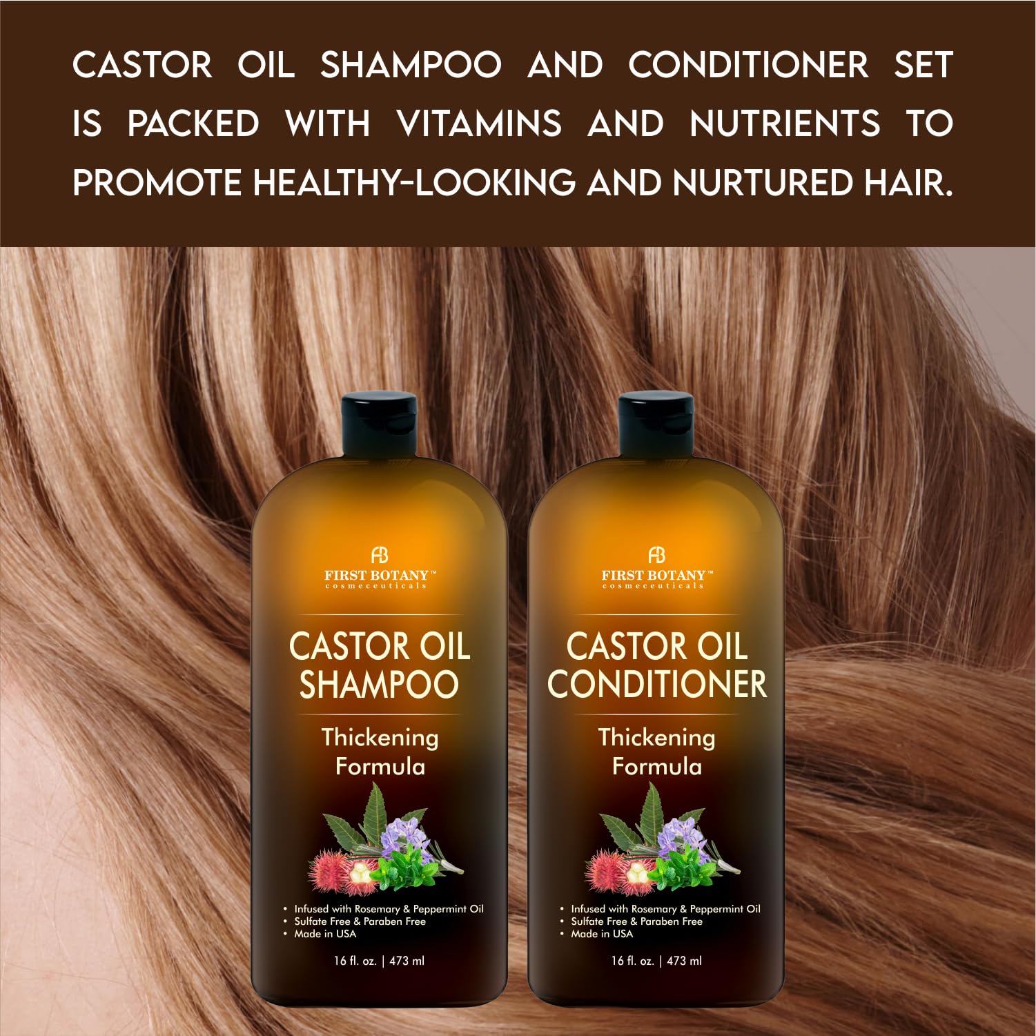 Two pack sixteen fluid ounce bottles of First Botany Castor Oil anti thinning hair regrowth treatment