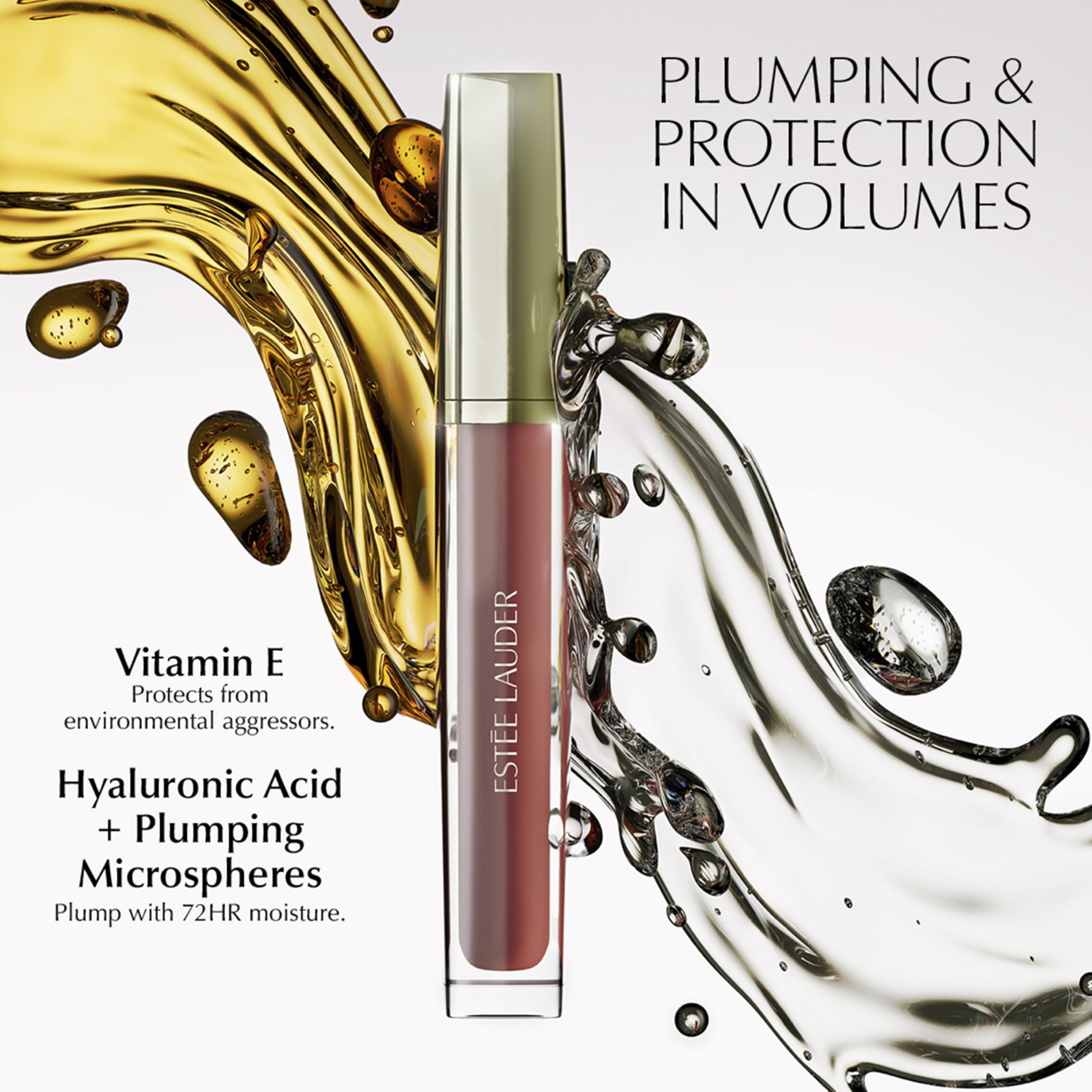 Model wearing Estée Lauder hydrating plumping lip oil